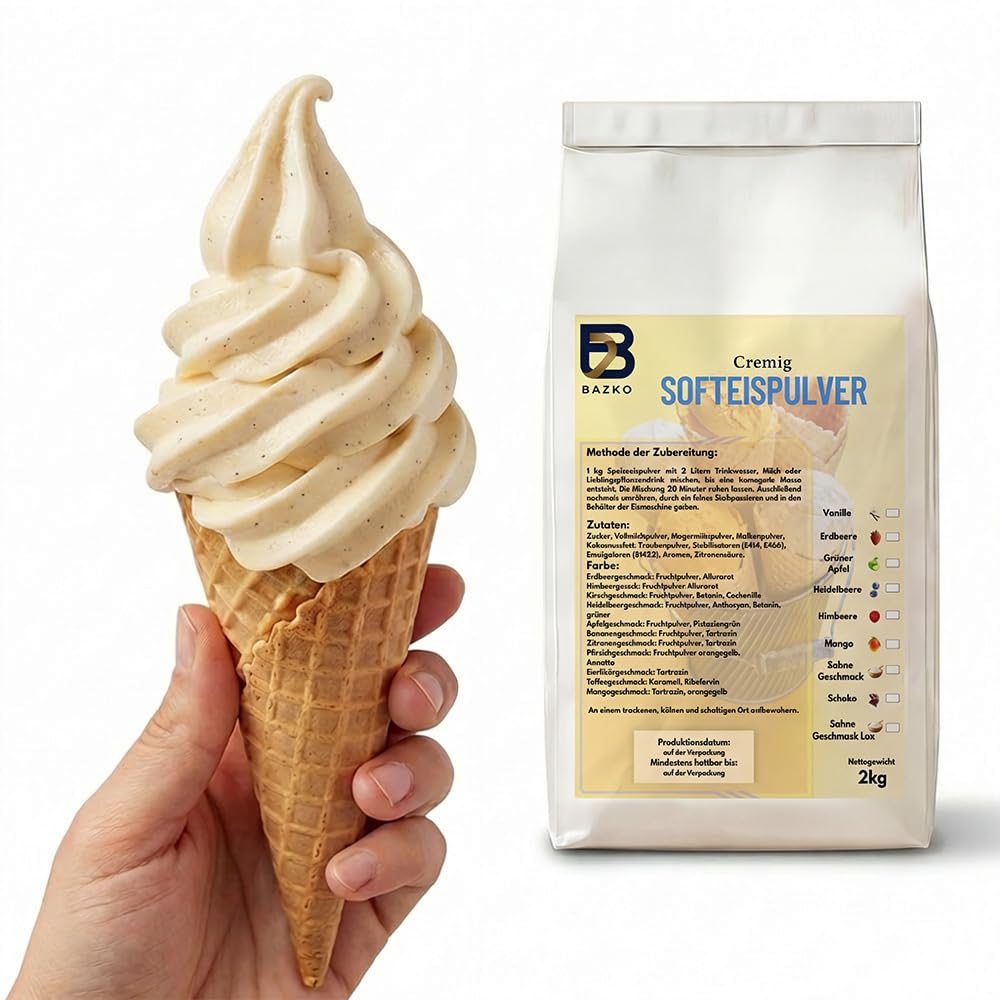 Bazko Poudre de Glace Vanille | Préparation pour Crème Glacée pour Machine | 2 kg pour 6 kg de Glace | 1:2 | Ajouter Uniquement de l’eau | Crémeux