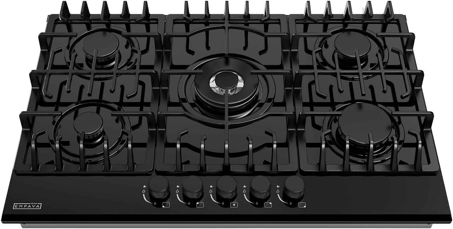 Empava 30 in. Gas Stove Cooktop 5 Italy Sabaf Sealed Burners NG/LPG Convertible in Black Tempered Glass, 30 Inch