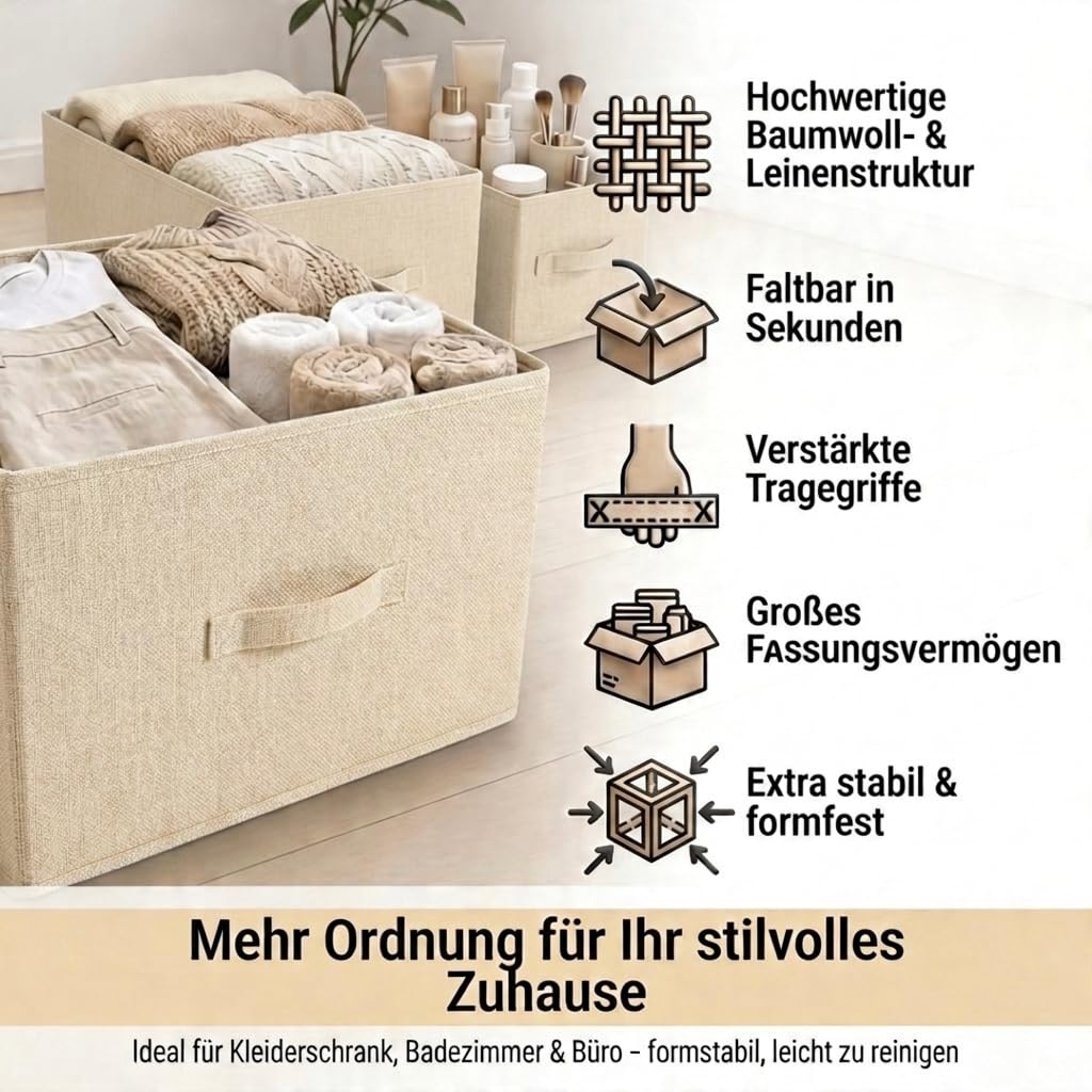 Aufbewahrungsbox Stoff 3er Set XXL – Organizer mit Griffen – Baumwolle & Leinen – Aufbewahrungskorb – faltbar für stilvolle Ordnung im Zuhause – Beige