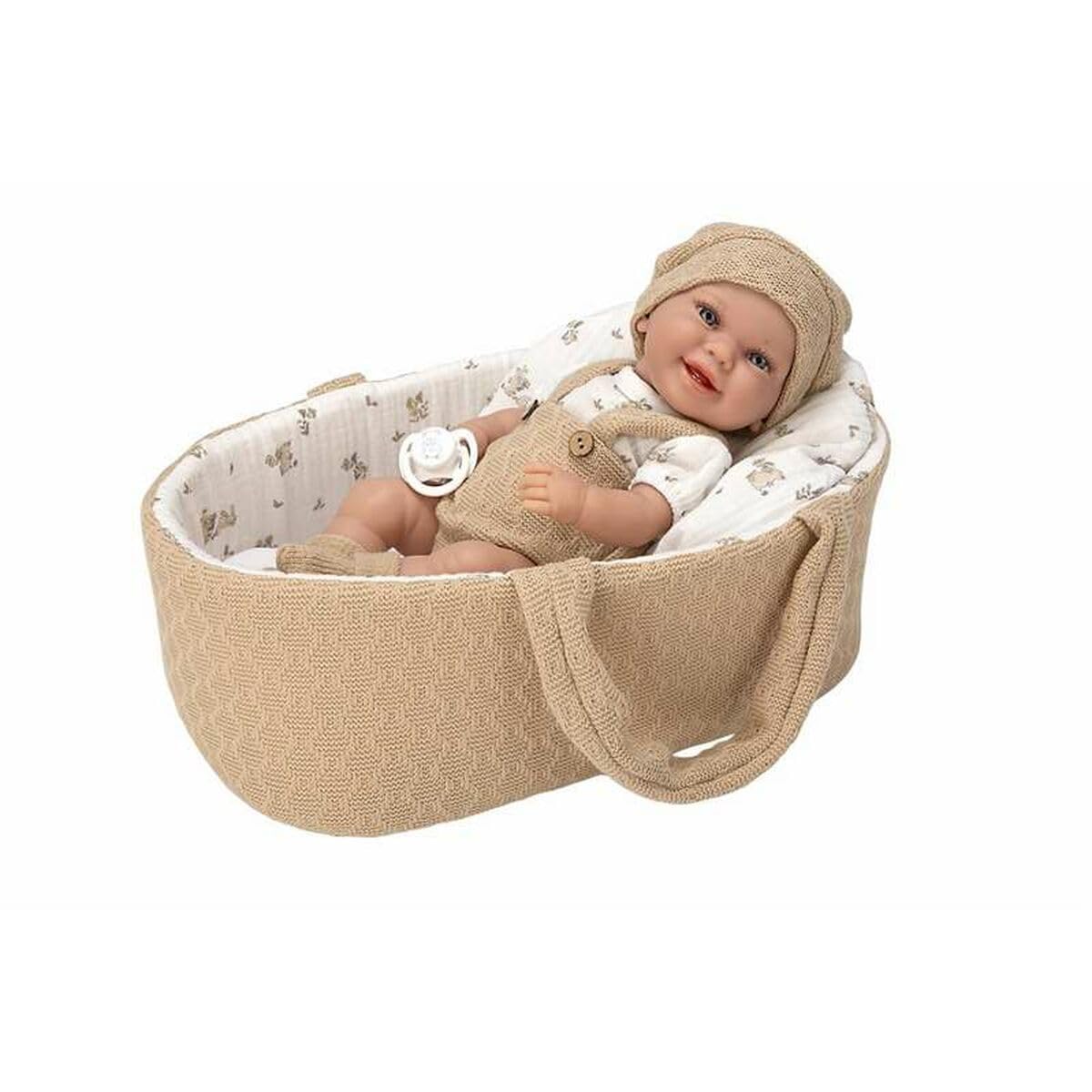 ARIAS - Bambola Elegance da 33 cm in borsa, con corpo in vinile. Abito in tonalità marrone e bianco, e navicella abbinata. Include come accessori ciuccio e navicella. Giocattolo per bambini di tutte