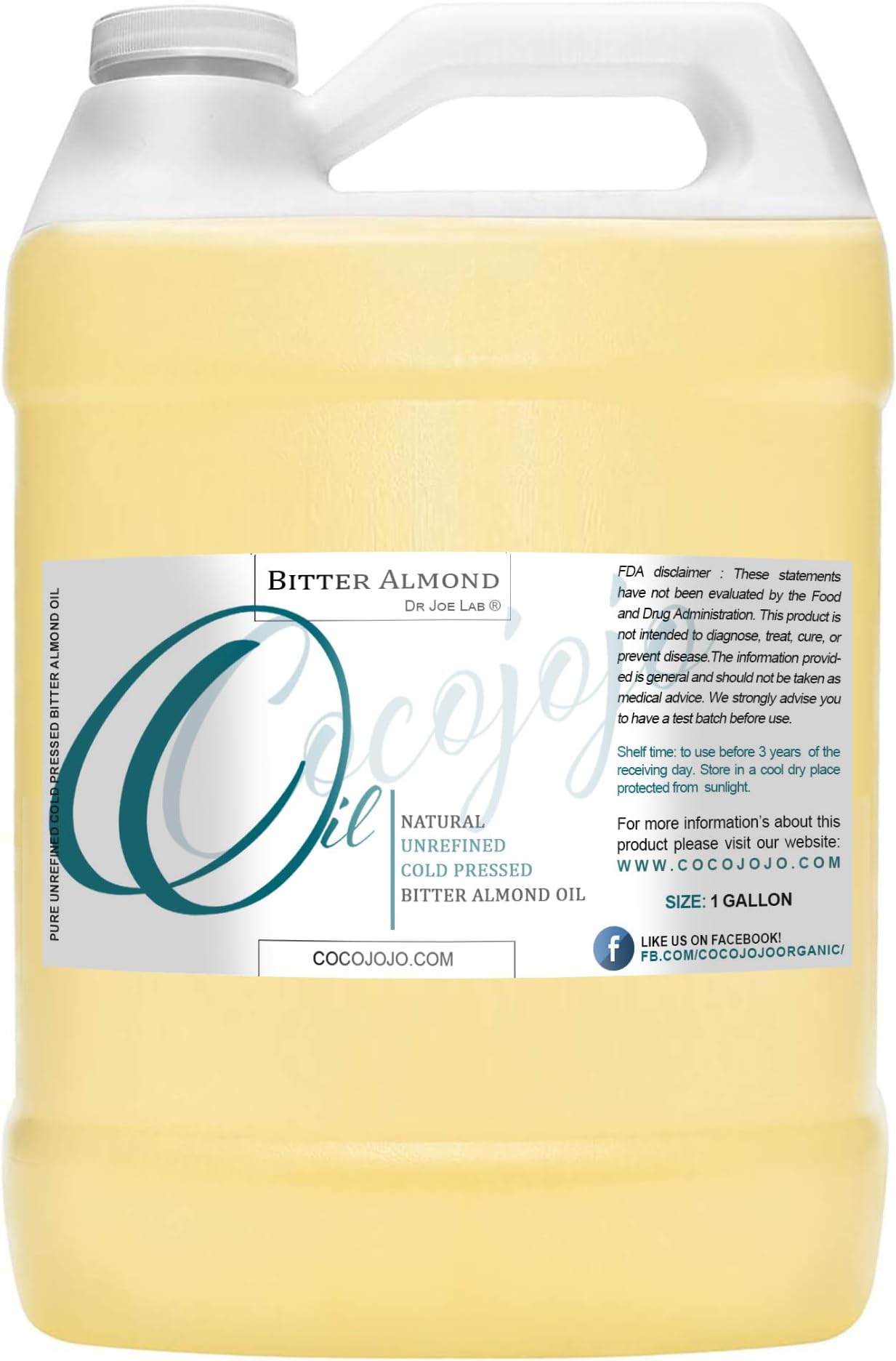 cocojojo Pure Bitter Almond Oil - Unrefined, Cold Pressed, Extra Virgin, All Natural - Perfect for Hair, Face, Skin, Nails (1 Gallon)