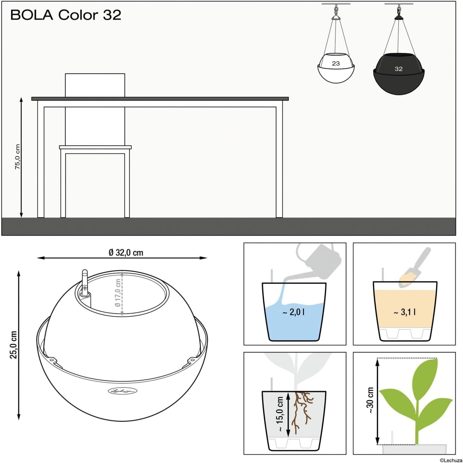 Lechuza BOLA Color 32 Slate, Self-Watering Hanging Planter, D12.6 H9.8 in
