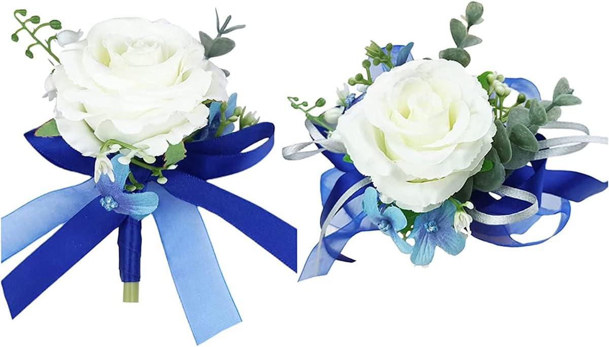 MAFELOE Wrist Corsage and Boutonniere Set Artificial Rose Flowers Accessories for Groom Bride Groomsmen Bridesmaids Wedding Party Prom Suit - Blue White 2 Pieces