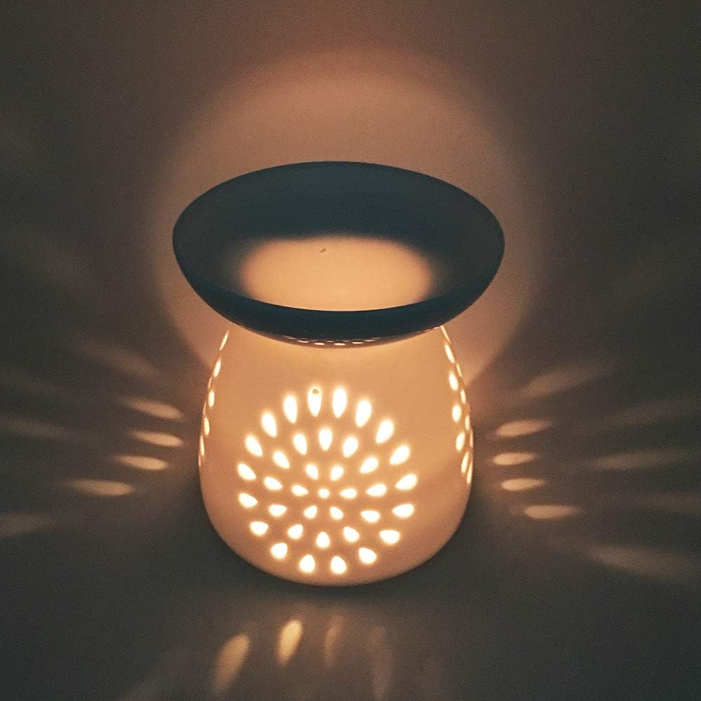 DEBON Ceramic Hollowing Floral Aroma Lamp Diffuser Essential Oil Lamp Aromatherapy Furnace Incense Burner Tea Light Holder Candle Holders for SPA Parlor Bedroom Home Balcony Decor (Sunflower)