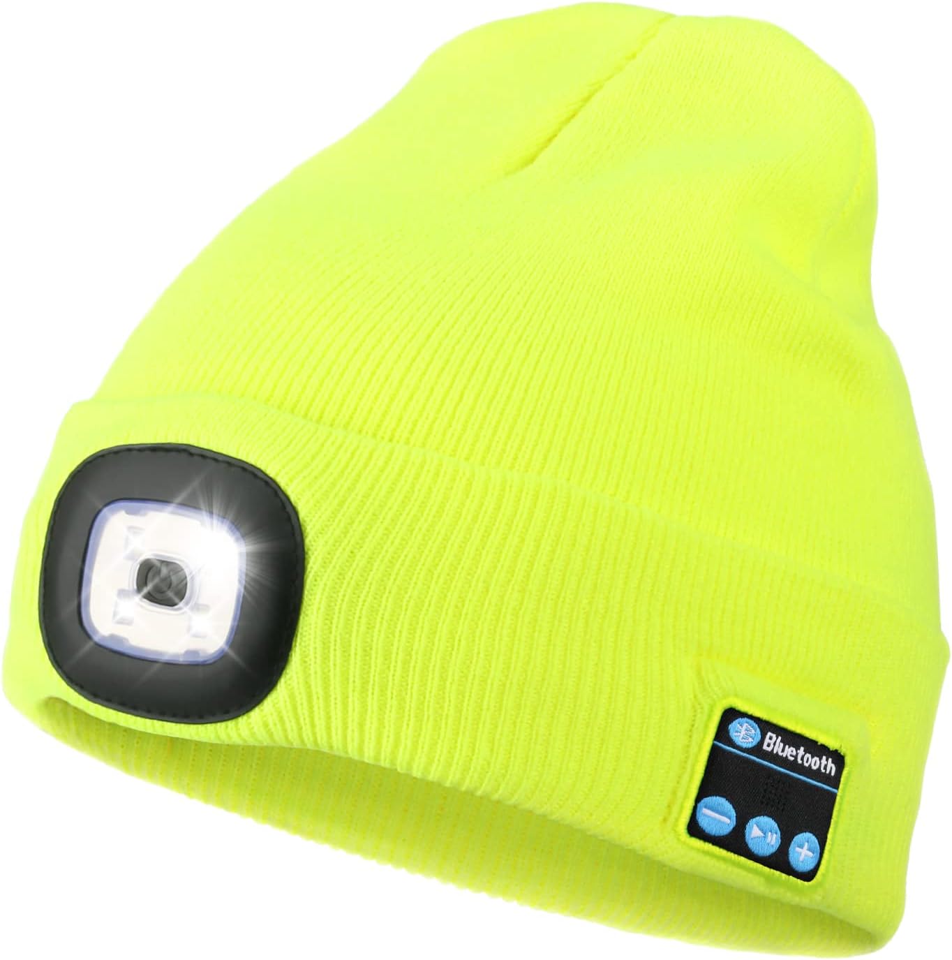 Wmcaps Bluetooth Beanie with a Light, Unisex USB Rechargeable 4 LED Fashlight Hat with Cordless Headphones, Unique Christmas Birthday Gifts for Men Him Husband Teen Fluorescent Yellow