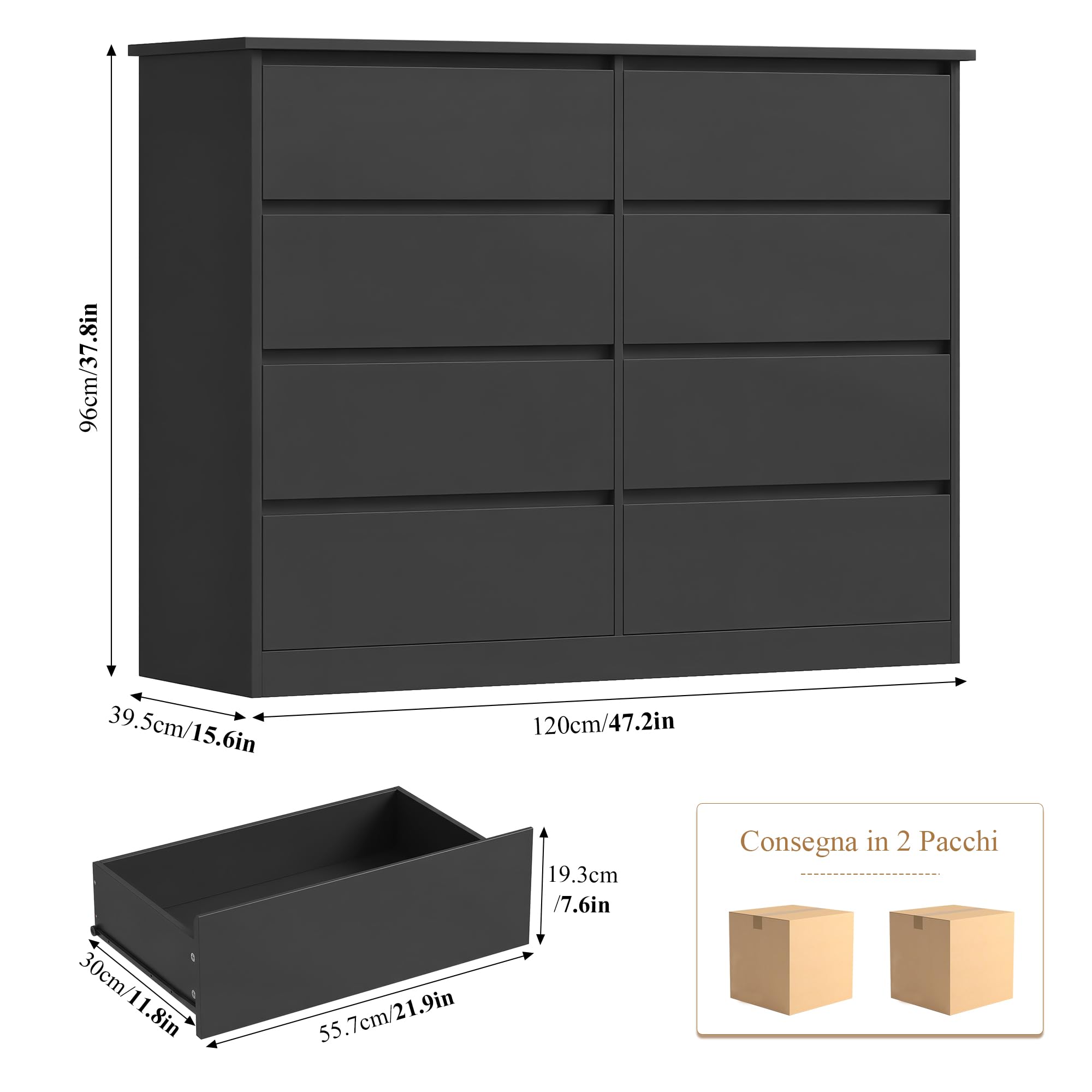 FOREHILL 120 cm Cassettiera con 8 Cassetti, Cassettiera Camera da Letto, Comò Camera da Letto, Mobile con Cassetti Moderna, per Corridoio, Soggiorno, 120x39,5x96cm (Nero)