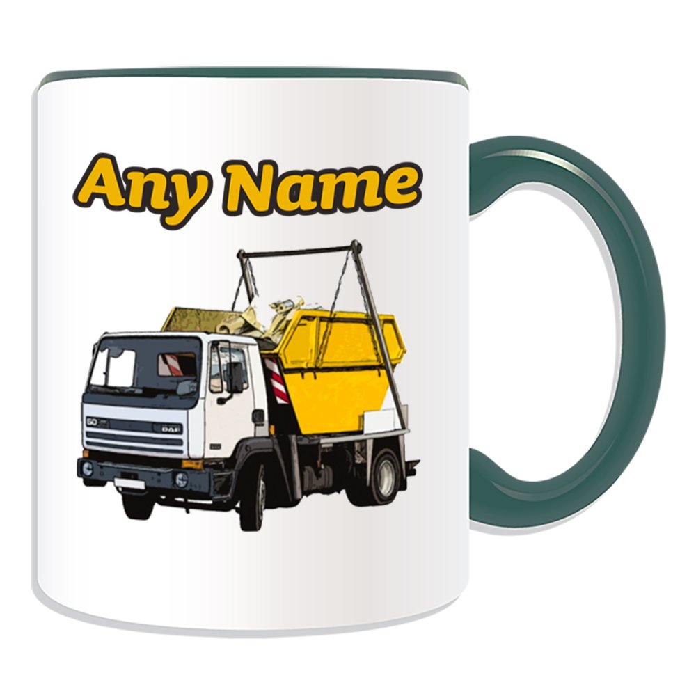 Unigift Green Personalised Gift - Skip Truck Mug (Transport Design Theme, Colour Options) - Any Name/Message On Your Unique - Hire Lorry Wagon Hgv Vehicle Automobile Driver Dumpster Waste Container Rubbish