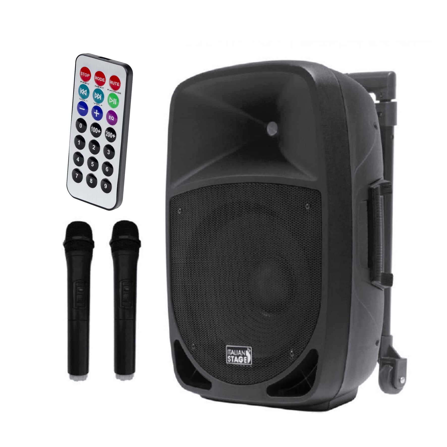 Italian Stage IS FR12AWV2 Akku-Trolley-Soundsystem mit 2 kabellosen UHF-Mikrofonen, SD-Karte, USB, Bluetooth-Modul und Fernbedienung, 200 W Picco, Schwarz