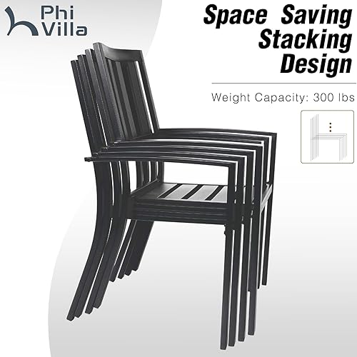 Miniatura 4 de PHI VILLA Juego de comedor de 3 piezas para patio al aire libre, mesa redonda de metal con listones y 2 sillas de patio, juego de muebles de