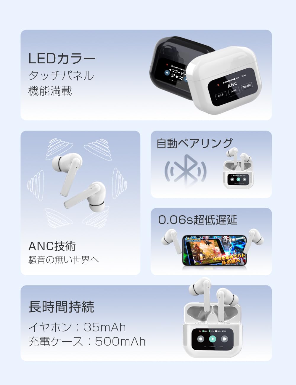 ワイエスエヌ チューンワイヤレスイヤフォン 液晶搭載充電ケース付 イヤホン 持ち運びにも便利！充電残量が一目でわかる優れもの！液晶搭載