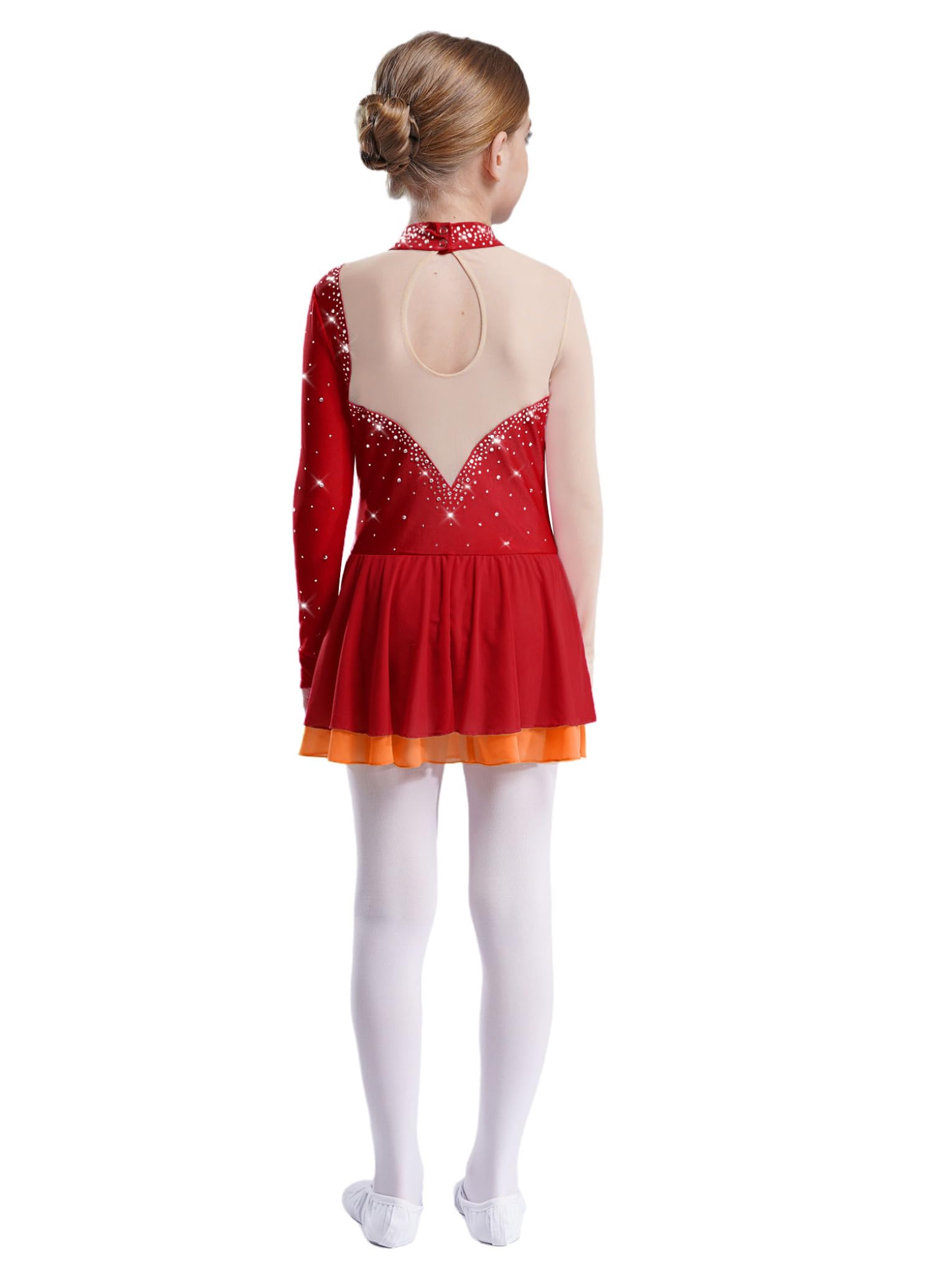Jan Jean Kids Girls Figure Skating Dress Long Sleeves Ballet Dance Skirted Leotards Rhythmic Gymnastics Outfits Burgundy 14 Years