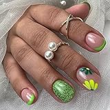 Vezocim Flower Press on Nails Oval Shapes, 24Pcs Green Short Artificial Fake Nails with Green Floral Designs, Full Cover Glossy Acrylic False Nails, Stick on Fingernails for Women Girls(W1097)