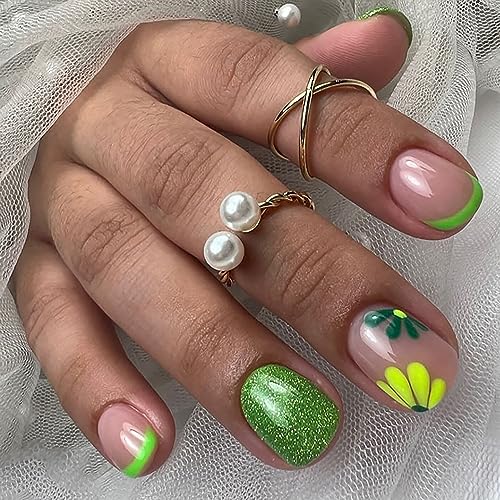 Vezocim Flower Press on Nails Oval Shapes, 24Pcs Green Short Artificial Fake Nails with Green Floral Designs, Full Cover Glossy Acrylic False Nails, Stick on Fingernails for Women Girls(W1097)