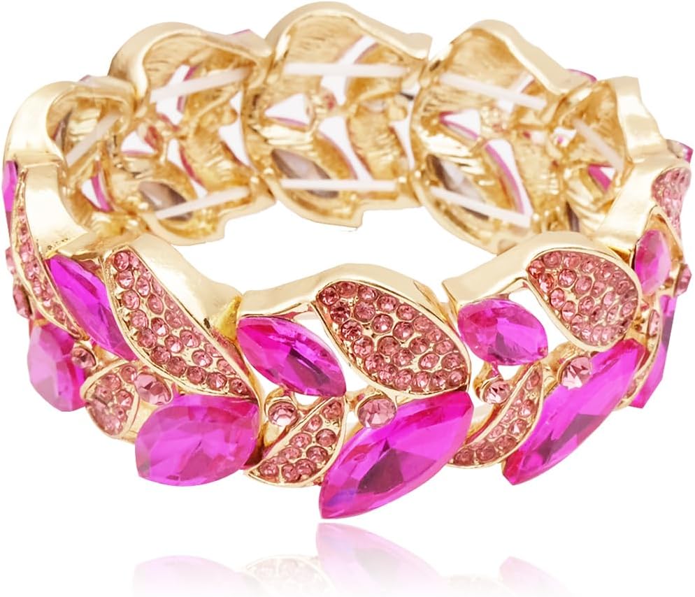 Statement Stretch Wide Bangle Bracelets Austrian Crystal Art Deco Leaf Shape Elastic Bracelet for Party Prom Accessories #003