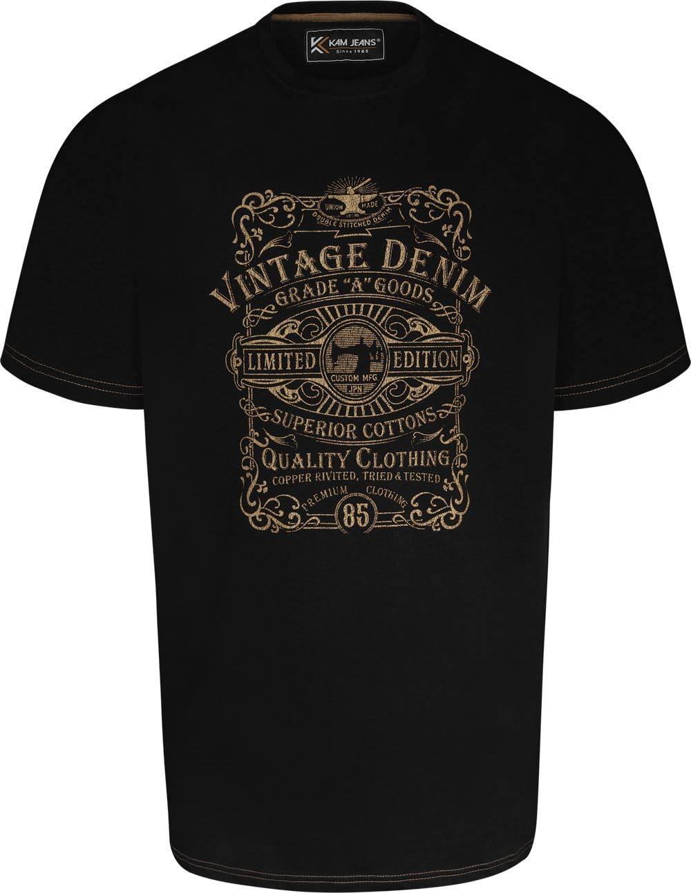Kam Men's Black Jeanswear Vintage Denim Graphic Print Ss T-Shirt - 4XL