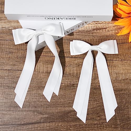 Aileam 2PCS Silky Satin Hair Bows Hair Clip White Hair Ribbon Ponytail Holder Accessories Slides Metal Clips Hair Bow for Women Girls Toddlers Teens Kids