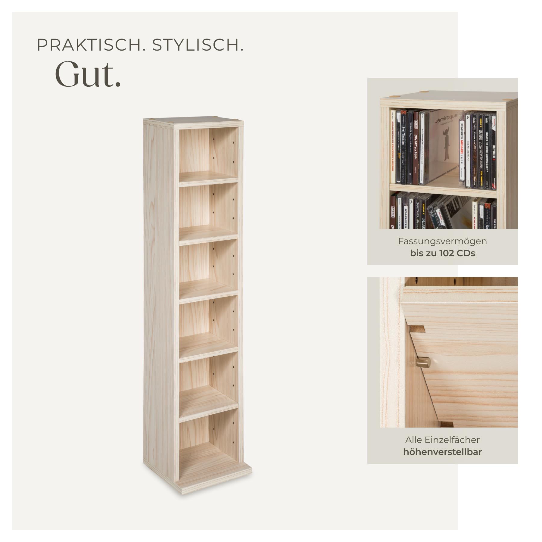 tectake® CD Regal für bis zu 102 CDs - Aufbewahrung für CD Hüllen, DVD Ständer, Holzregal Wand, Wohnzimmerschrank, Büroschrank, Offenes Stauraumregal - Buche