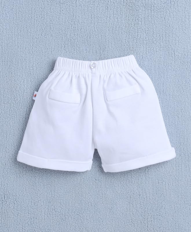 Image of BUMZEE Baby Boys Regular Fit Half Sleeves Collar Neck Cotton Bodysuit & Short Set With Bow Suspender & Cap