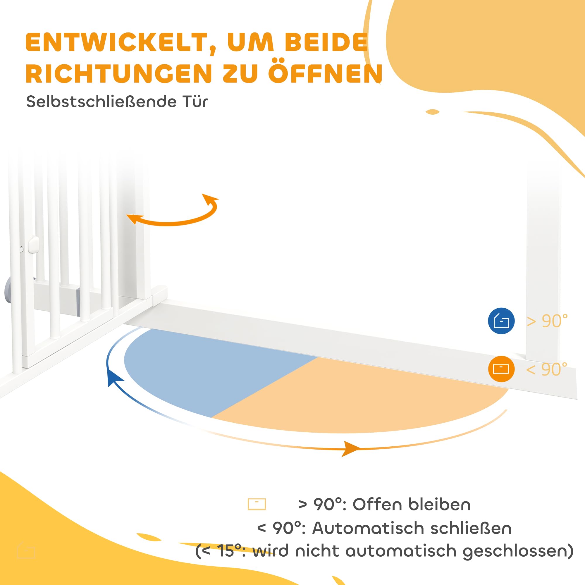 PawHut Zabezpieczenie drzwiowe, zabezpieczenie schodowe bez wiercenia, z drzwiami dla psów i kotów, zabezpieczenie dla zwierząt, 74-101 cm, z automatycznie zamykanymi podwójnymi zamkami, stal, biały