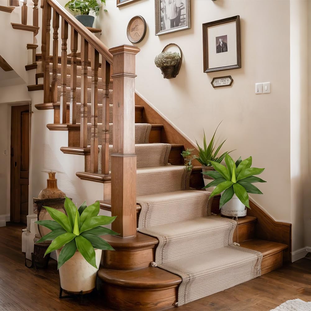 Oairse Artificial Agave Plants with Ground Spike - 15.7" Fake Agave Succulent Plant Realistic Faux Succulents UV Resistant Greenery for Indoor Outdoor Planters Porch Home Garden Yard Decor, Set of 2