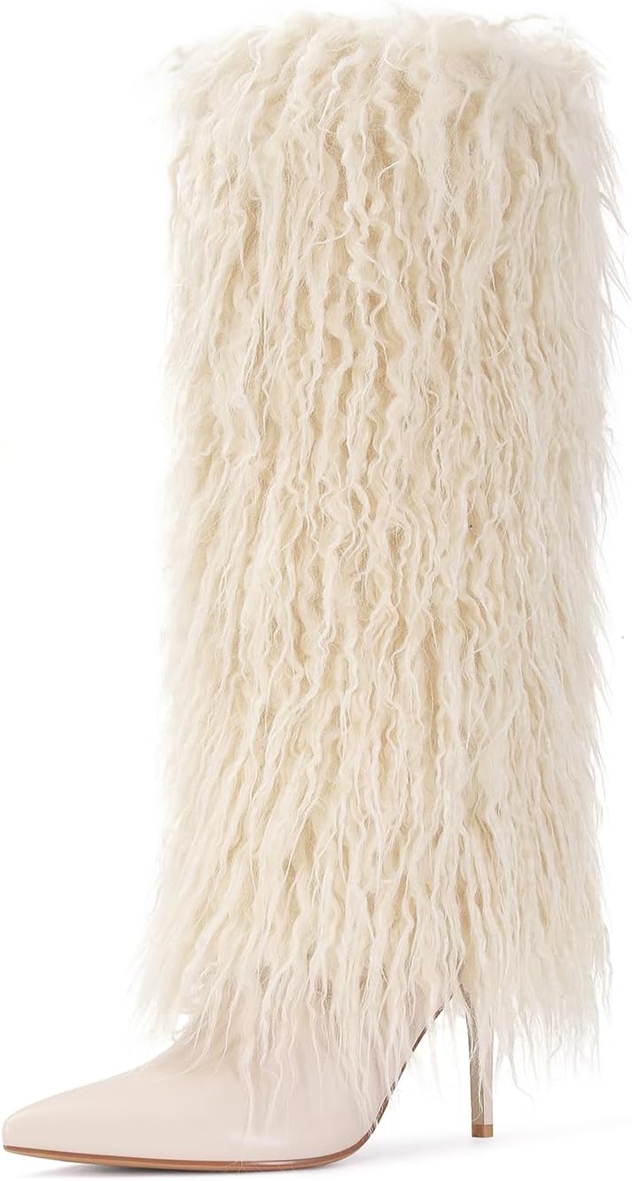 Fur Knee High Boots for Women Pointed Toe Stiletto Heel Fold Over Tall Boots Fashion Wide Calf Long Booties - Image 6