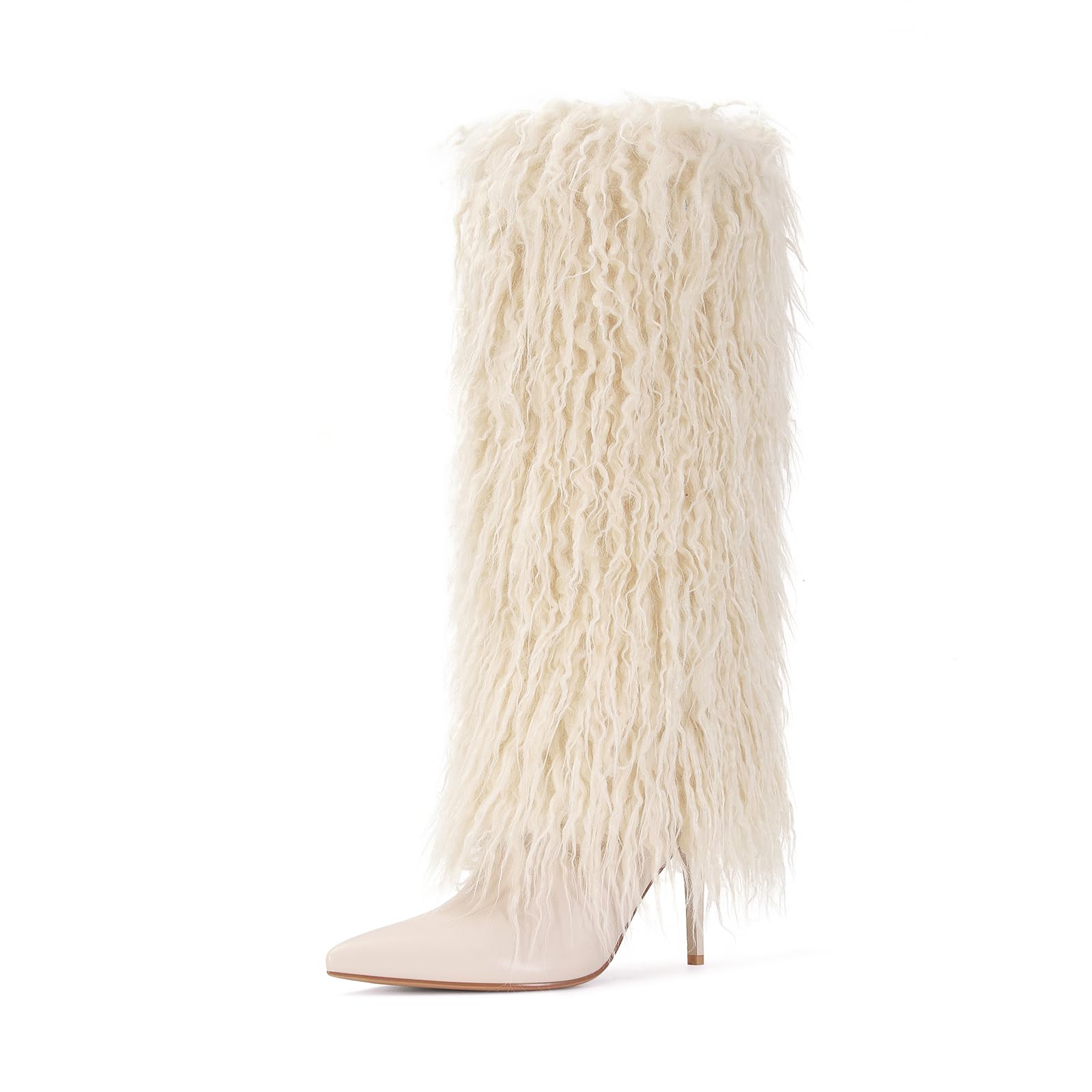 XBKXMK Fur Knee High Boots for Women Pointed Toe Stiletto Heel Fold Over Tall Boots Fashion Wide Calf Long Booties: 9 White