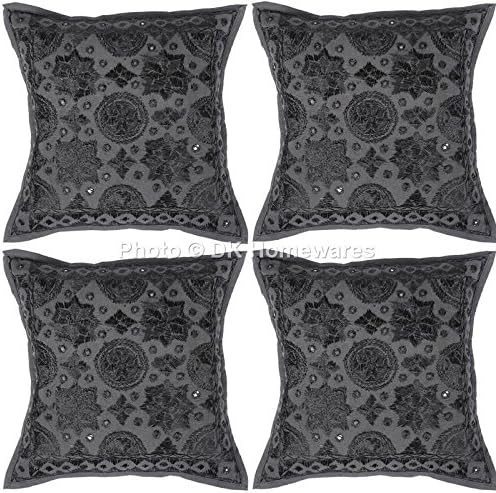 Boho Decorative Couch Throw Pillow Covers 16 Inch Cotton Mirrored Embroidered Ethnic Square Toss Cushion Covers (Size - 40x40 cm ; Color: Black) - Set of 4 Pcs (Cover Only)
