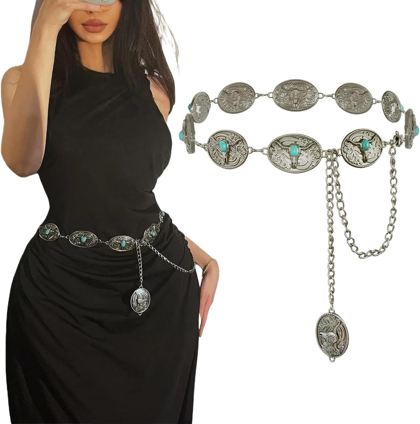 Western Metal Concho Belt for Women Cowgirl Chain Belts for Dresses Jeans Country Concert Outfit Gold belt