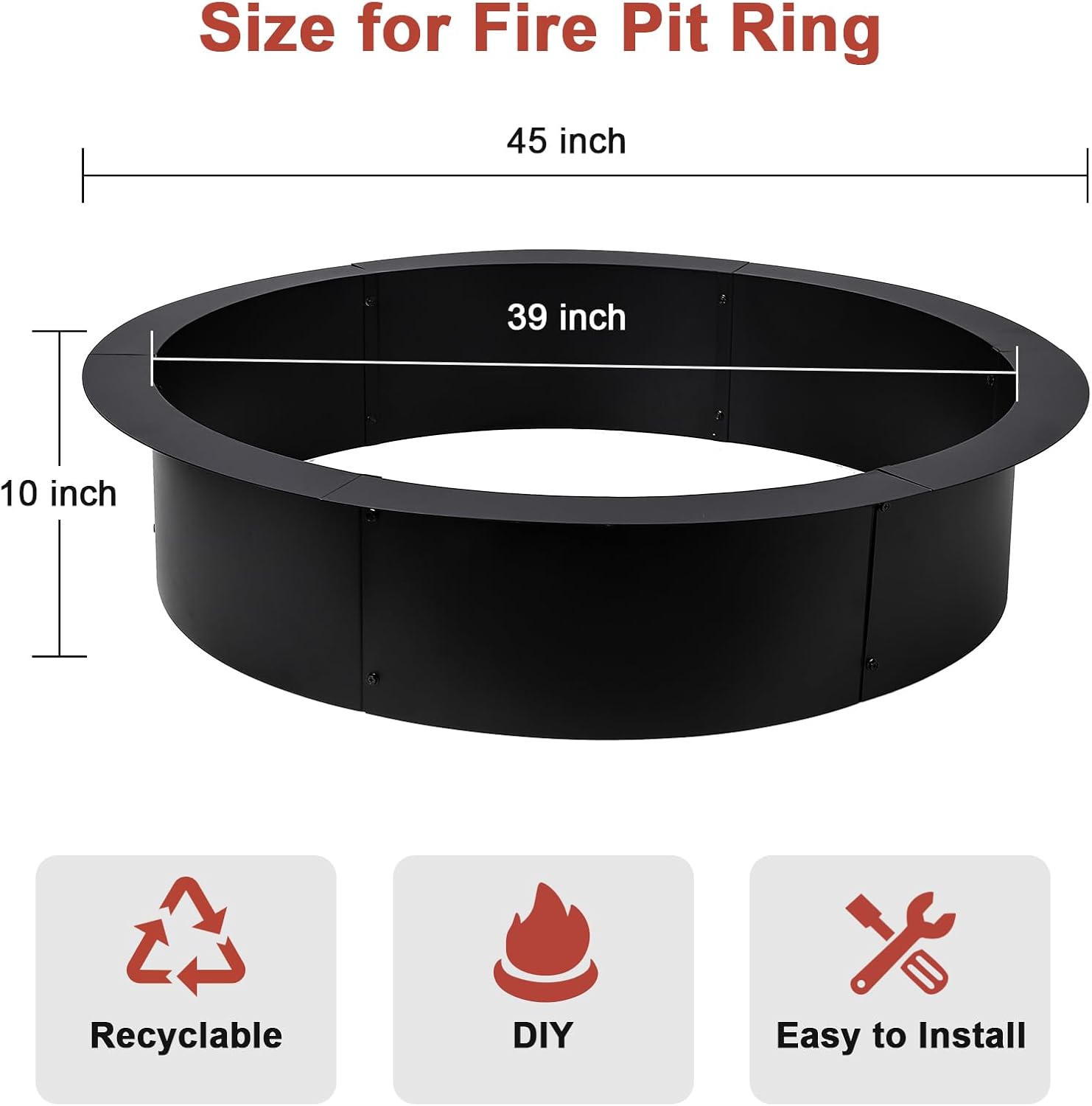 39 Inch Round Fire Pit Ring Insert for Outside Wood Burning, 45 Inch Outer Large Solid Steel Firepit Liner for Above In-Ground Outdoor DIY Camping Garden Patio Backyard