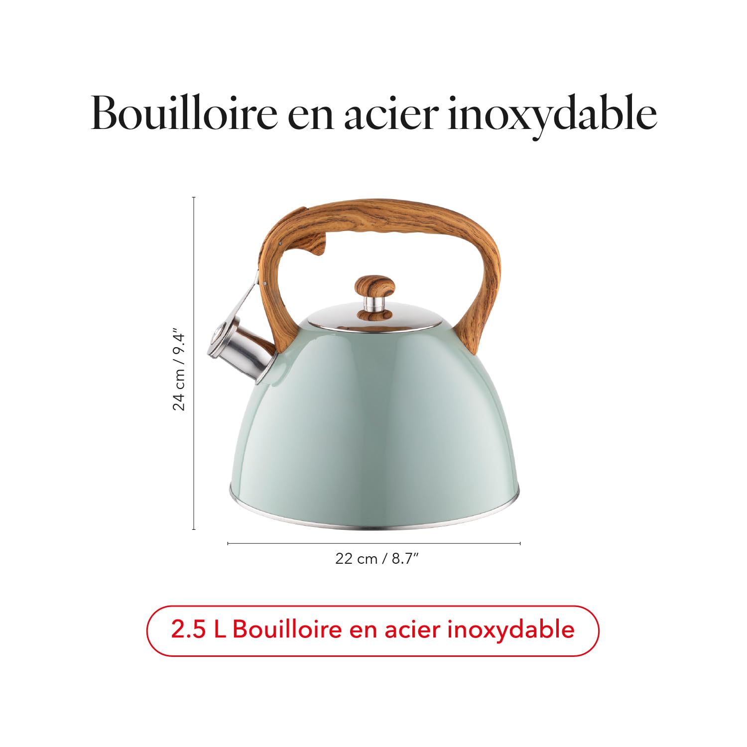 Bouilloire Inox 2,5 L Sifflante FLORINA FRANK Vert Mat Non Électrique Induction Gaz