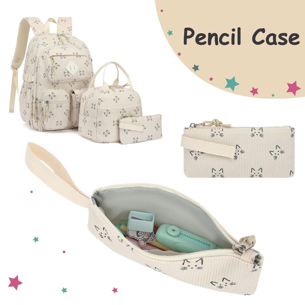 3-teiliges Schulrucksack-Set aus Cord für Mädchen und Jungen, Kinder-Büchertasche mit Lunchbox und Federmäppchen (Alter 8-18), Cord-Katze, 3-piece set