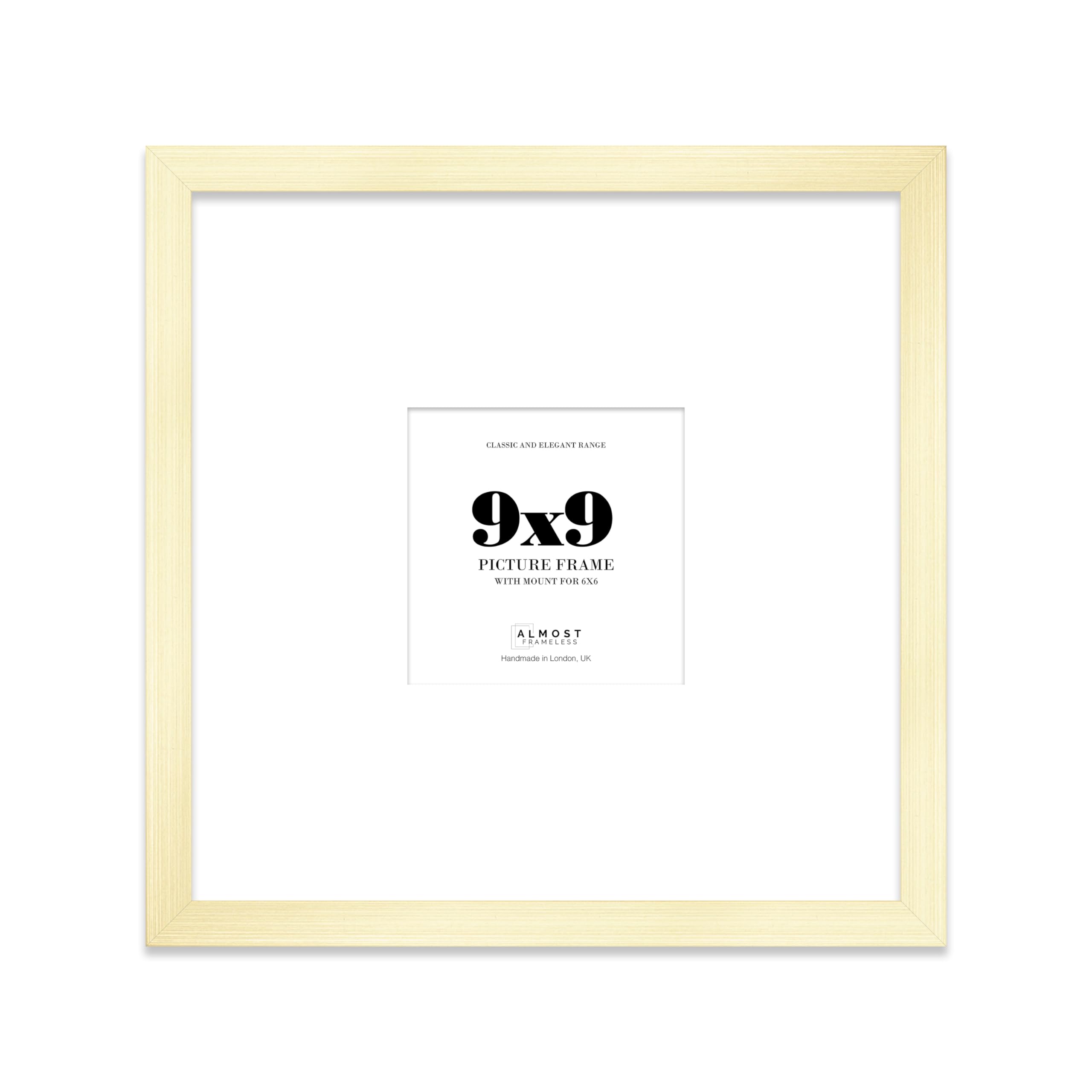 Almost Frameless 9x9 Square Picture Frame, Display Pictures 6x6 With Mat or 9x9 Without Mat, Wall Hanging & Free Standing Photo Frame, Gold, 1 Pack