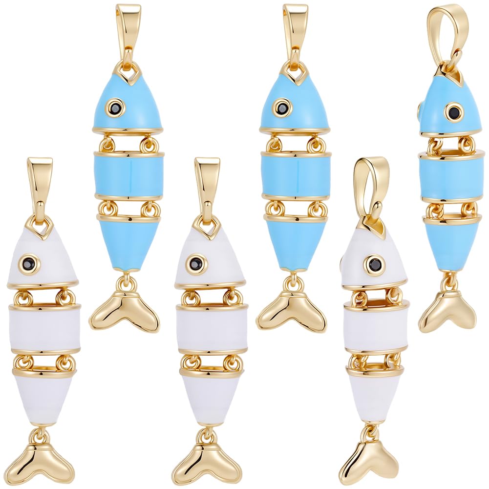 Beebeecraft 6 Unidad de Dijes de Peces de 2 Colores para Pulseras de Latón Chapado En Oro de 18 Quilates Dijes de Animales Marinos Blancos Y Azules Colgante de Océano Esmaltado para Hacer Joyas
