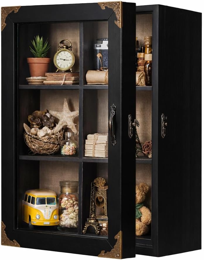 Deep Shadow Box Frame 11x16, Black Solid Wood Shadow Box Display Case with Removable 6-Grid Shelves, Vintage Metal Corner Guards, Handle & Lock, Extra Deep Large Shadow Box for Medals