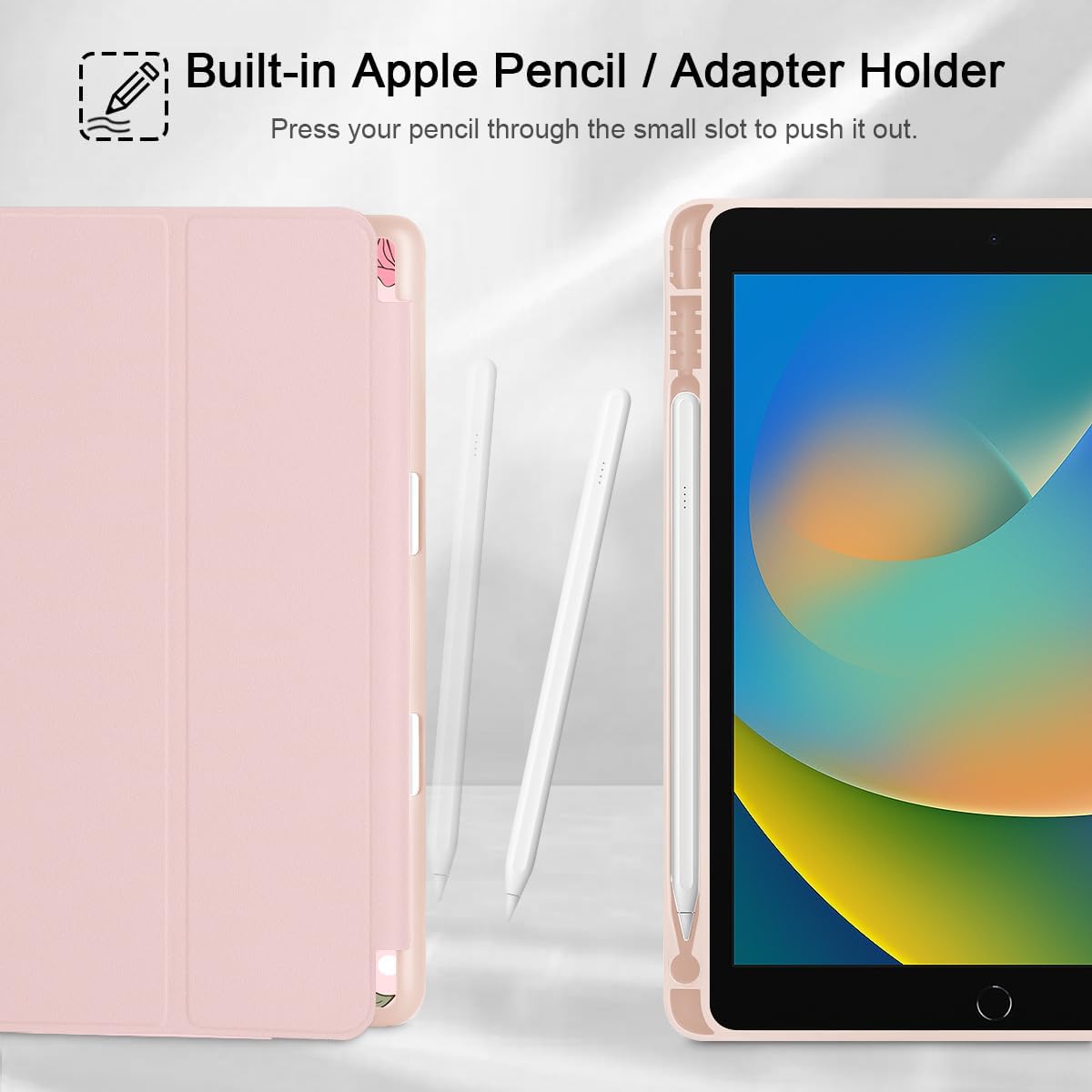 Tuiklol Case for iPad 10.2 Inch 2021 2020 2018 Release 9th / 8th / 7th Generation, Built-in Pencil Holder TPU Protective Stand Back Cover Trifold Stand-Auto Wake/Sleep, Bow & Rose