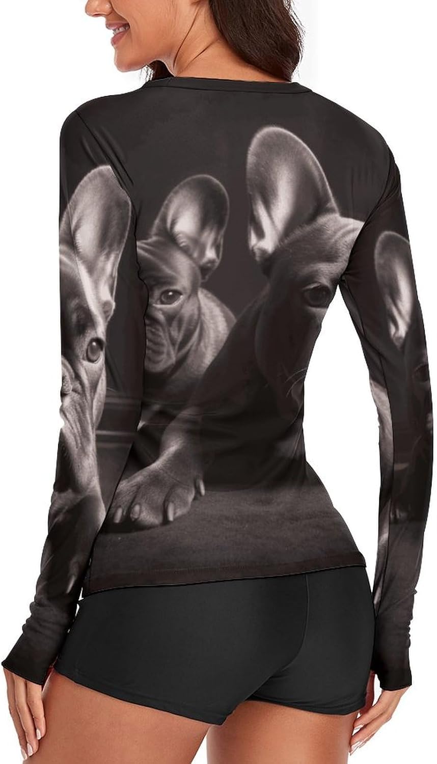 French Bulldog Rash Guard for Women UPF 50+ UV Sun Protection | Long Sleeve Workout Top Quick Dry Athletic Hiking Shirt Moisture Wicking Swim Shirt for Running, Cycling, Swimming