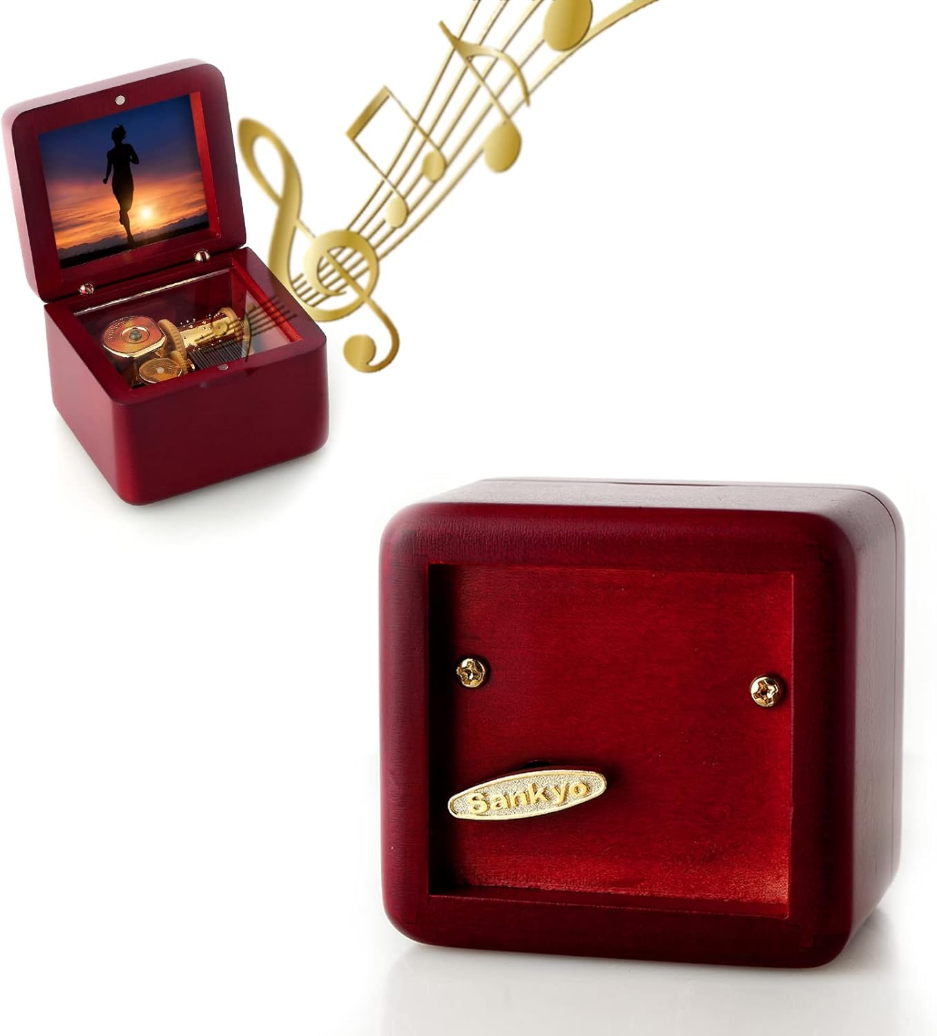 Natural Solid Wood Laser Engraved Vintage Clockwork Music Box Mini Photo Frame Musical Box Mother's Day Children's Day Valentine's Day Christmas Birthday Gift（Melody：Fly me to The Moon-Type1