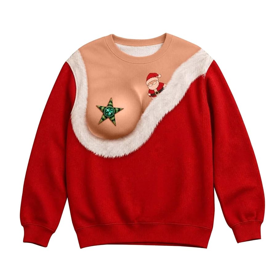 Generisch Weihnachtspullover Damen Lustig Sweatshirt Ugly Christmas Sweater für Party Weihnachts Pullover 3D Druck Hässliche Weihnachtspulli Xmas Oberteil Longsleeve Weihnachtsoutfit Rot S, Bild 5