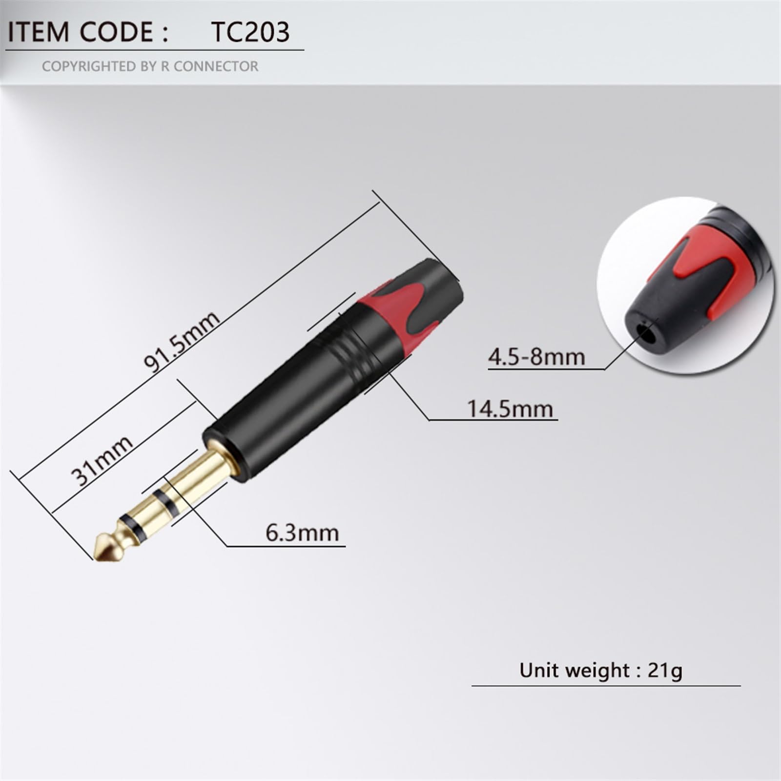 10 connettori jack da 6,35 mm a 3 poli stereo da 6,3 mm maschio da 6,3 mm, connettori per filo di saldatura per microfono, in ottone (rosso)