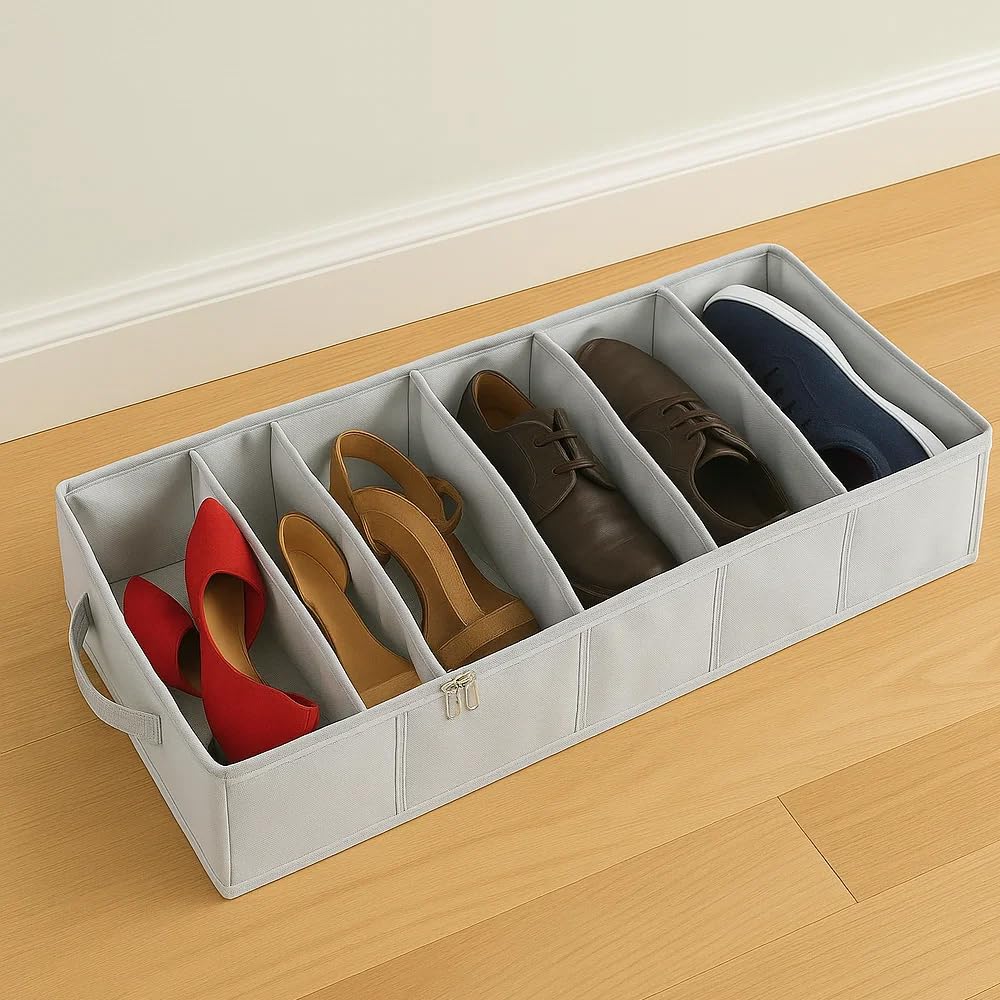 5 pair shoe storage box organizer | underbed closet folding shoe box | Non-Woven Fabric & PVC (63.5L x 30.5W x 12.7H) (Grey)-image-41