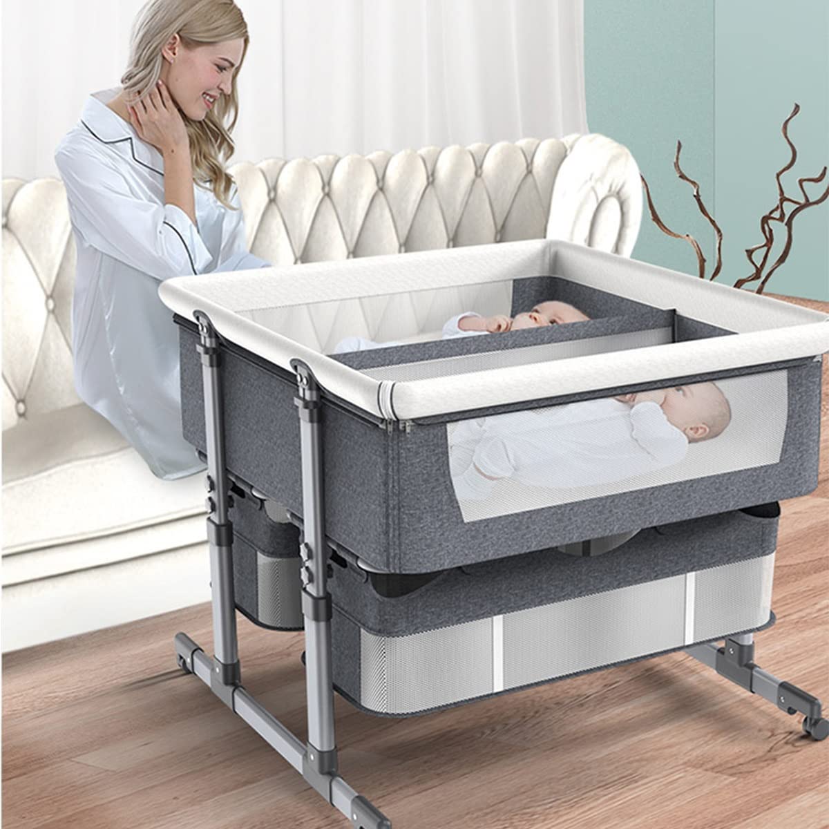 YXCKGسرير نائم للطفل Bassinet Cot التوأم الرضع سرير مع فراش، سرير محمول قابل للتعديل للرضع، طفلة بوي، سلة تخزين وعجلات (Color : Gray)