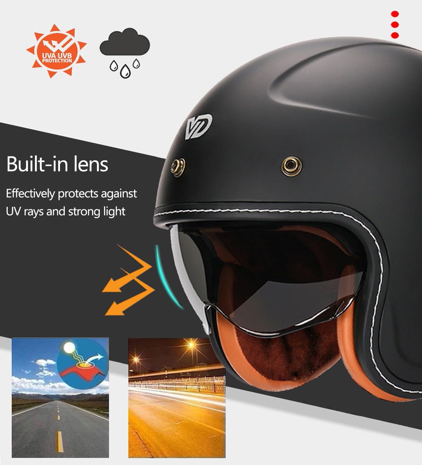 Retro 3/4 Motorrad Helm Deutsche JetHelm Vintage-Roller-Helm DOTECE-Zertifizierter Retro-Motorradhelm Mit Offenem Gesicht Für Damen Und Herren Leichter Moped-Helm