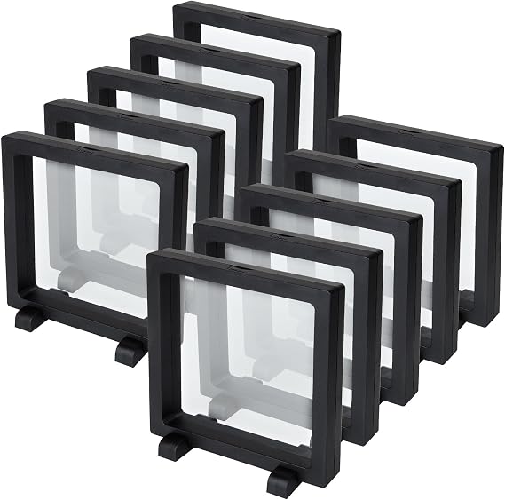 10 Pack 3D Floating Frame Display Holder 5.5”x 5.5”x 0.8”Floating Display Case with Stand, Transparent Frame Display Case for Jewelry Coin Medal Specimen
