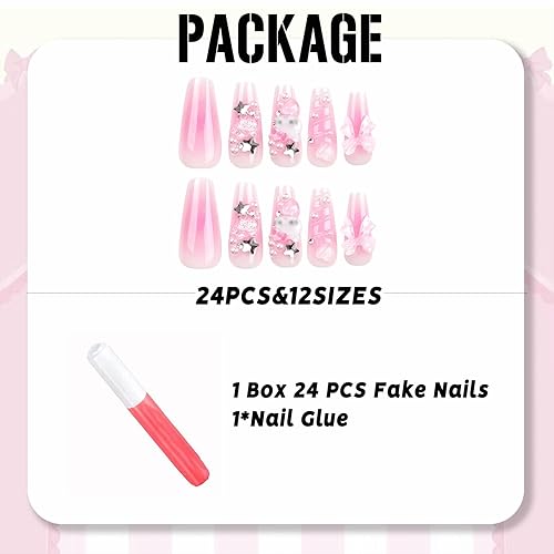 Miniatura 5 de IMSOHOT Uñas postizas largas a presión en forma de ataúd, uñas postizas acrílicas con diseño de lazo de perla, uñas postizas acrílicas de cobertura