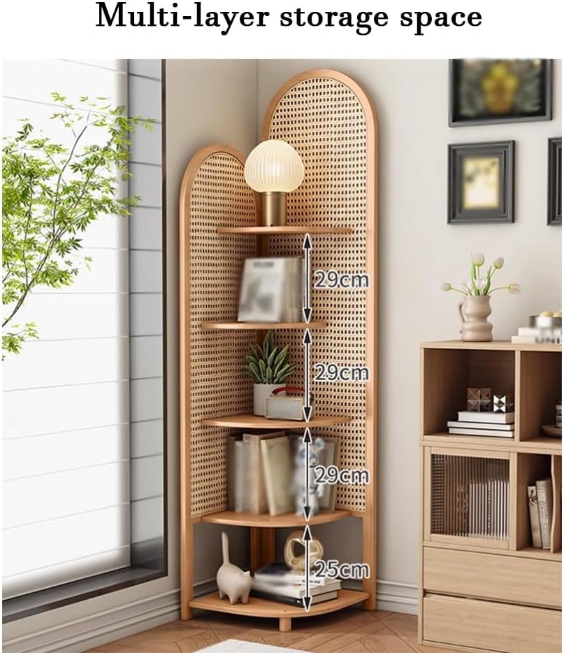 5-Tier Rattan Corner Shelf - Multi-Tier Bamboo & Rattan Organizer for Living Room, Space-Saving Design with Generous Countertop Space for Small Areas, Stylish Home Decoration.