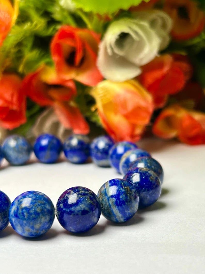 ZOYLA natural lapis lazuli gemstone 12mm|round shape, smooth cut stone |7 inch|blue color gem |energy stretch bracelet | healing wristband | handmade jewelry | KB_BRC_01313