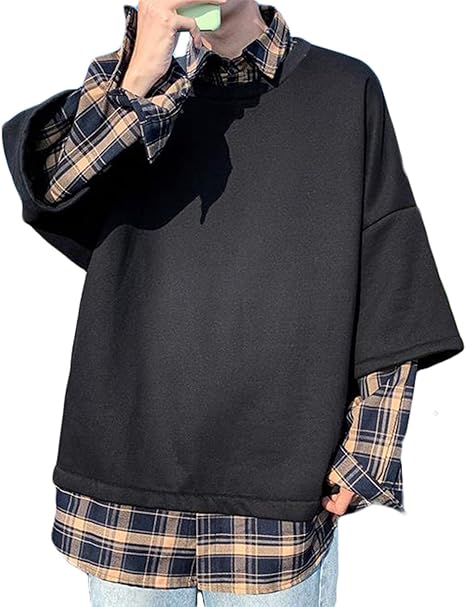 Amazon Co Jp Ksila トレーナー メンズ フェイクレイヤード パーカー 切り替え チェック柄 シャツ カジュアル おしゃれ プルオーバー スウェット 重ね着風 ファッション トップス 個性 襟付き 春 秋 ファッション