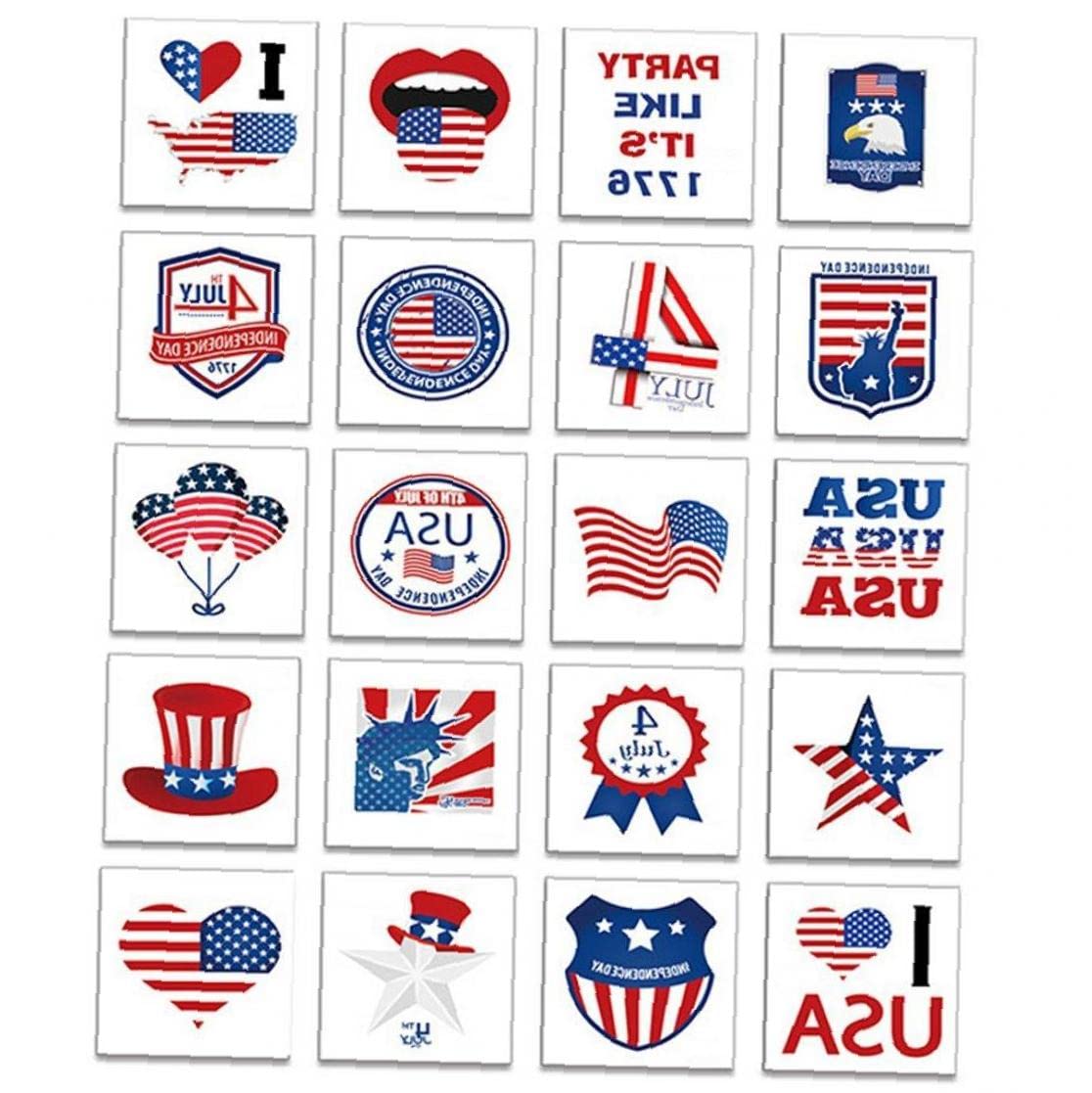 Froiny As Show 20Pcs Independence Day Tattoo Stickers 4Th Of July Temporary Tattoo American Flag Blue White&Red Tattoos Body Face Art
