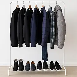 Arara Cabideiro de Chão de Metal com Sapateira e 1 Prateleira - Suporte para Roupas, Casacos, Bolsas, Calçados - Compacto, Desmontável, Resistente, Multiuso - Organizador para Quarto, Loja e Closet