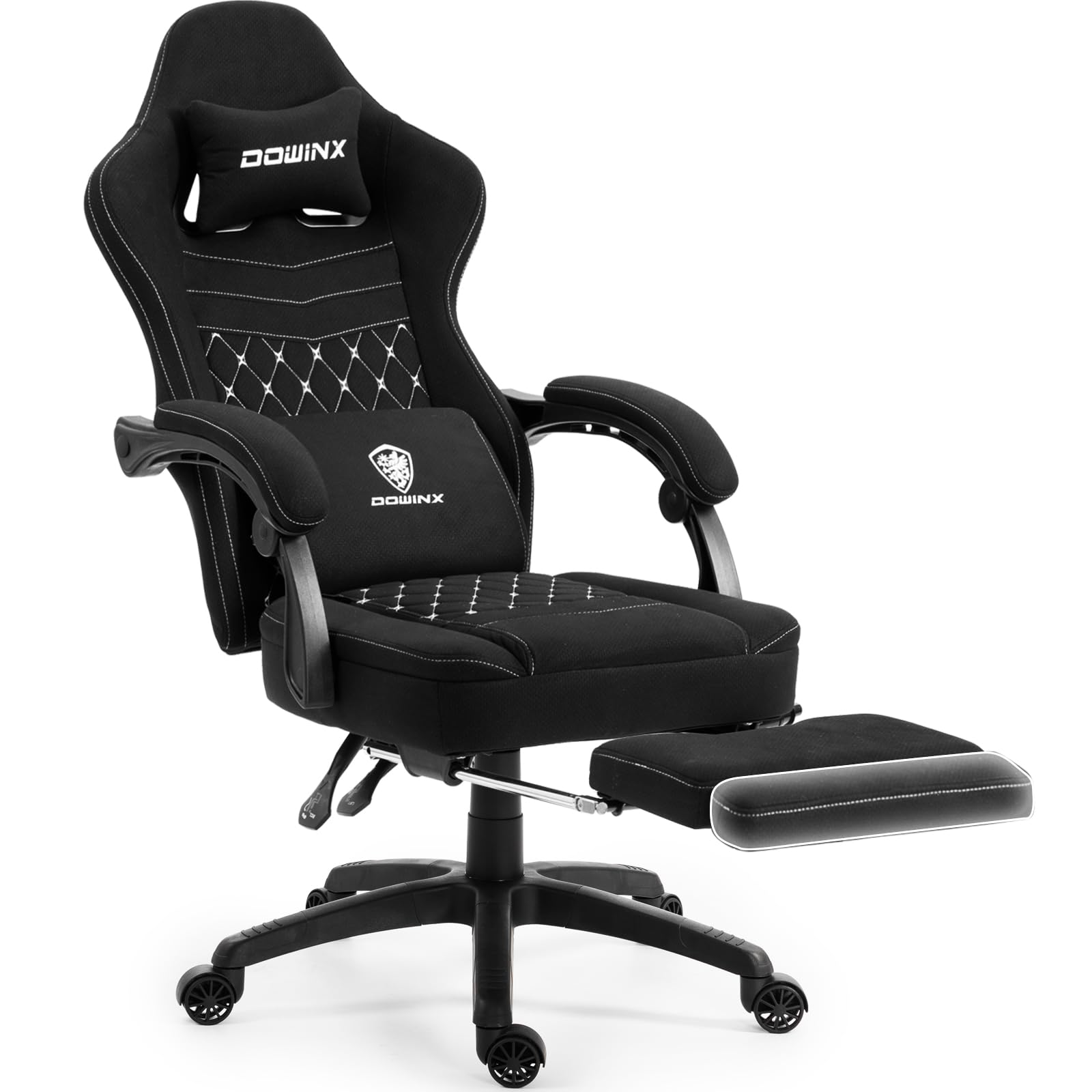 Dowinx Gaming Chair Fabric with Extendable and Folding Footrest, Ergonomic Office Chair with Gel Cushion and Pocket Spring Cushion, Computer Gaming Chair, Gamer Chair for Adults, Black